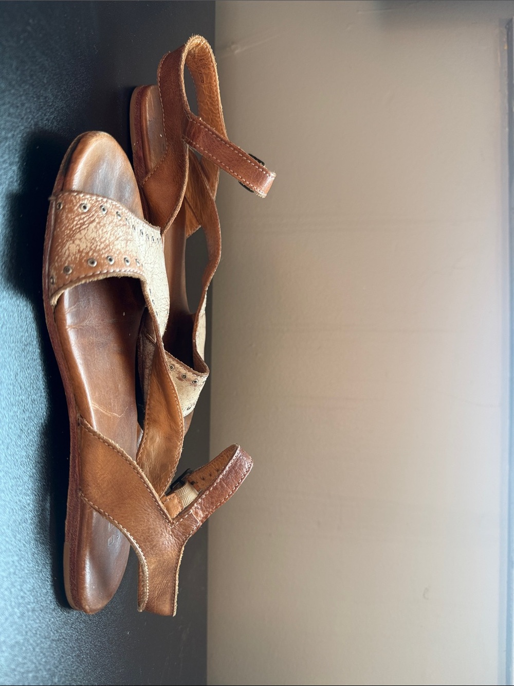 Bed Stu Tan Brown Leather Slingback Sandals with Stud Accents